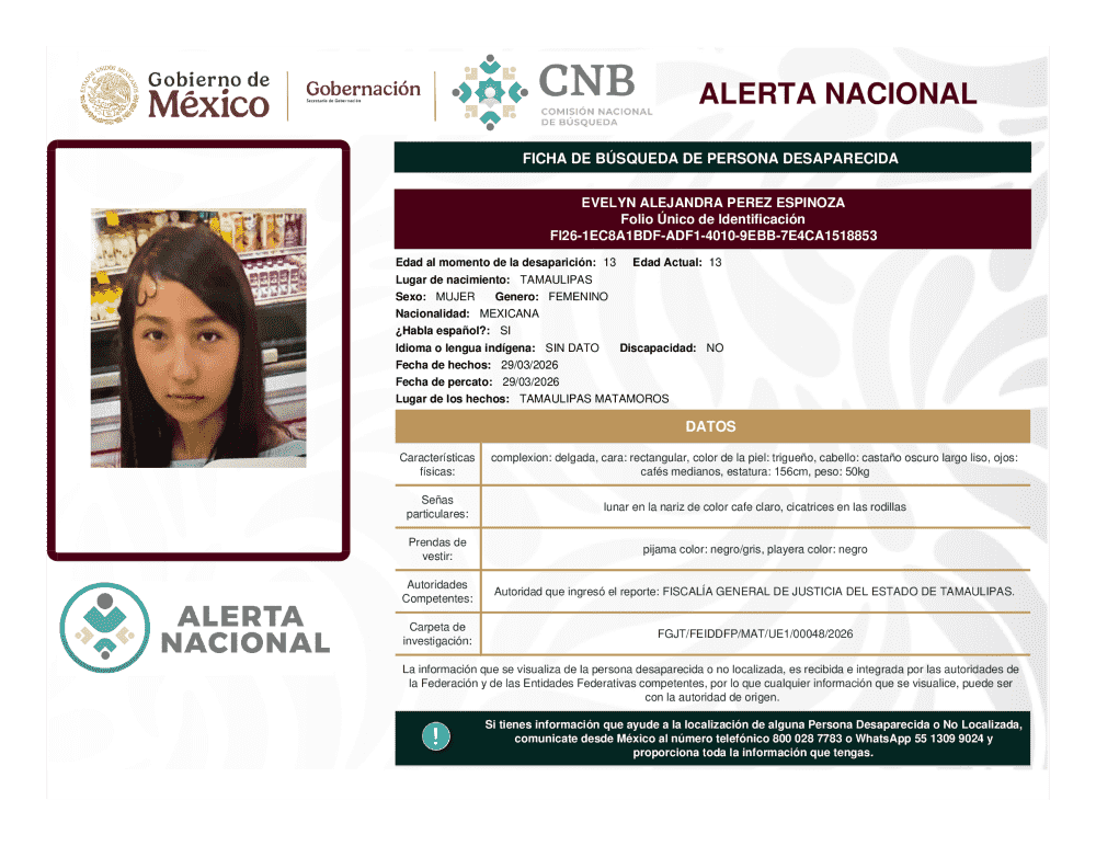 Persona desaparecida Evelyn Alejandra Pérez
