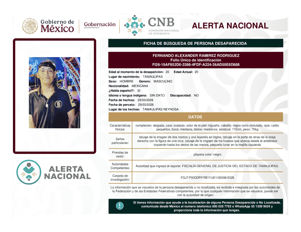 Persona desaparecida Fernando Alexander Ramírez