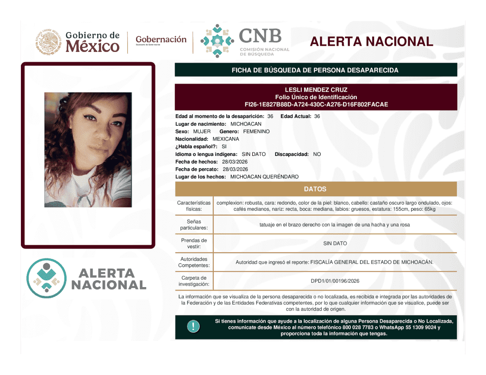 Persona desaparecida Lesli Méndez