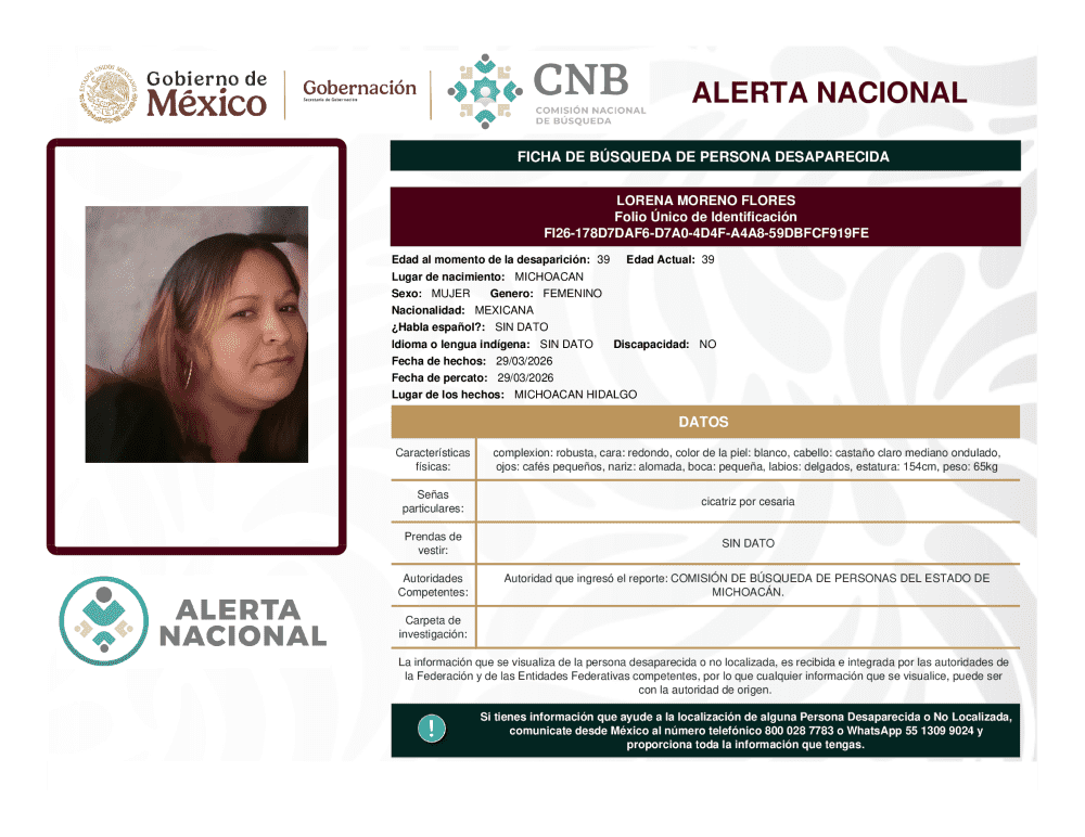 Persona desaparecida Lorena Moreno Flores