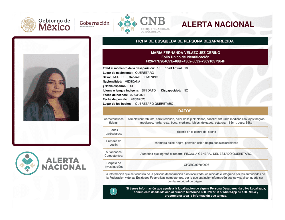 Persona desaparecida María Fernanda Velázquez