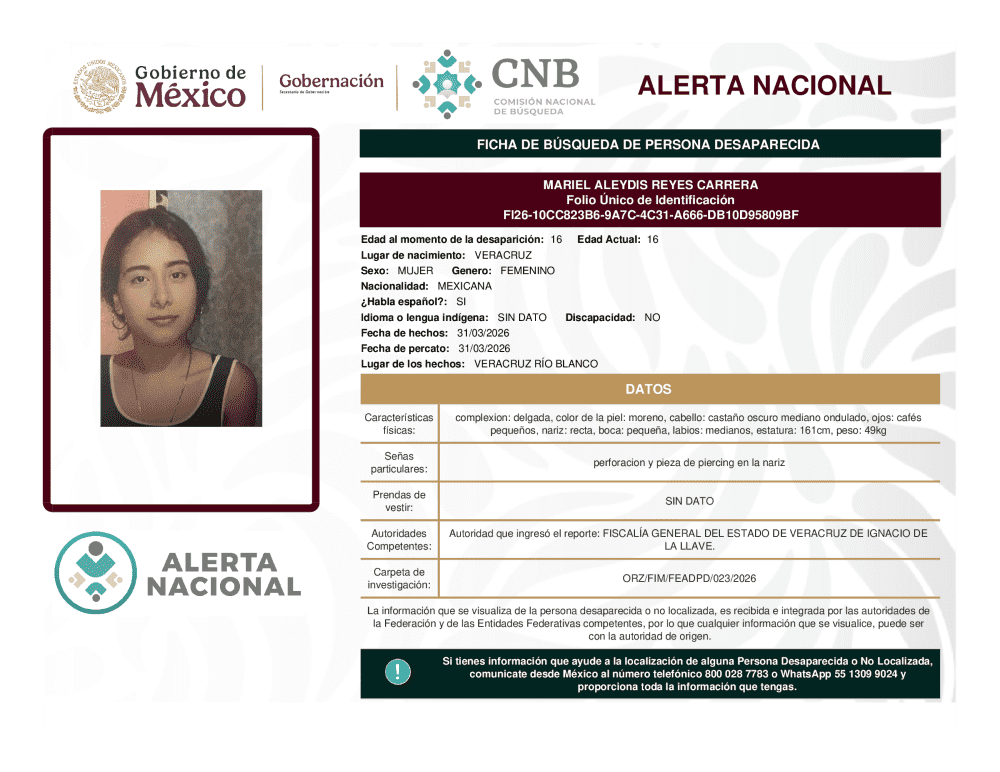 Persona desaparecida Mariel Aleydis Reyes Carrera