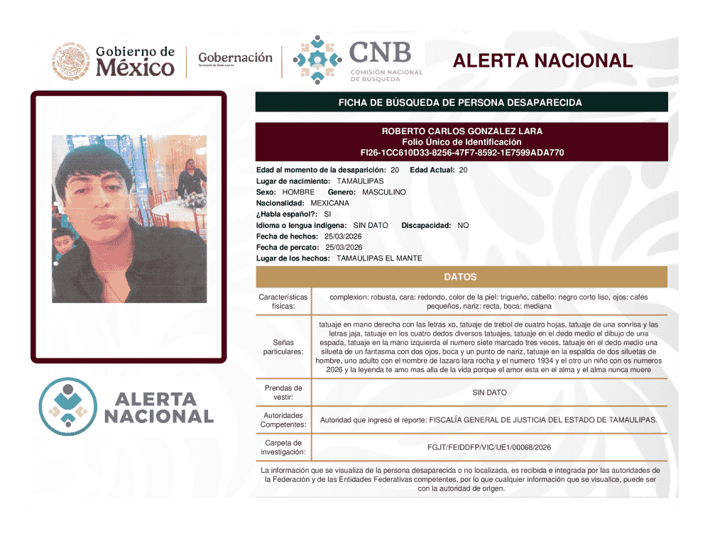 Persona desaparecida Roberto Carlos González Lara