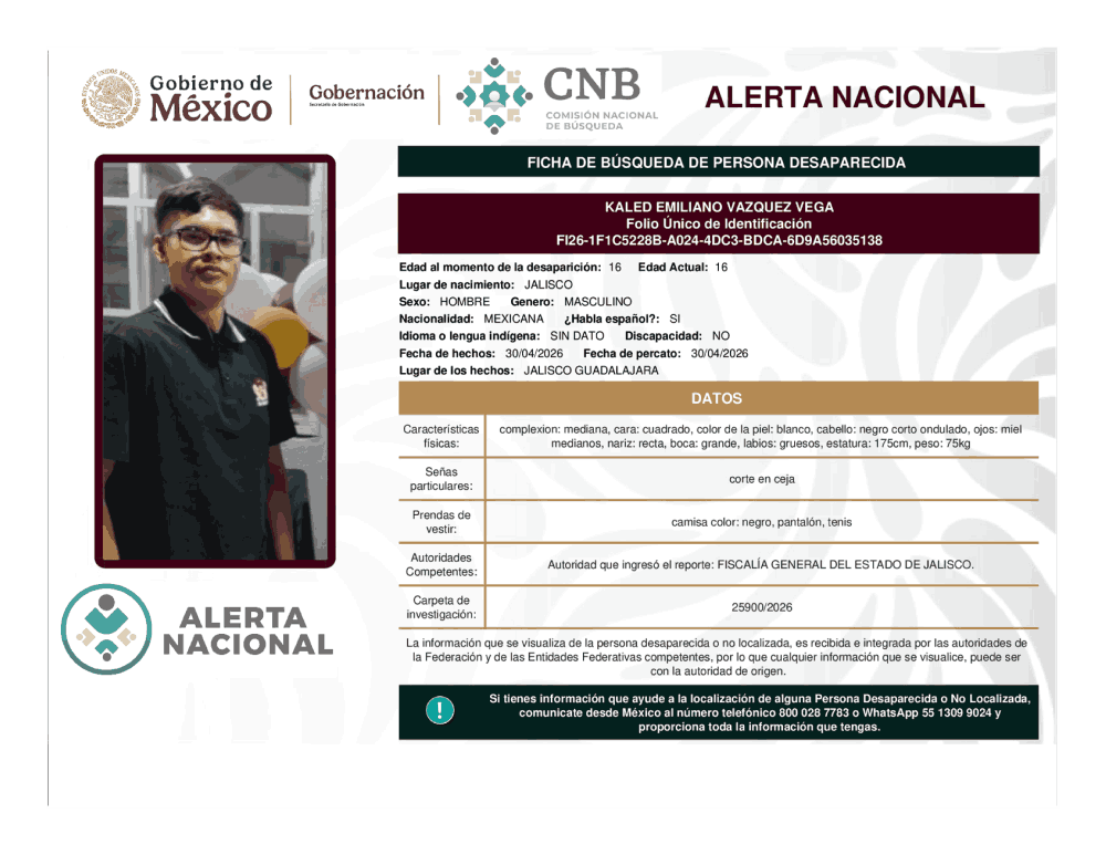 Persona desaparecida Kaled Emiliano Vázquez Vega