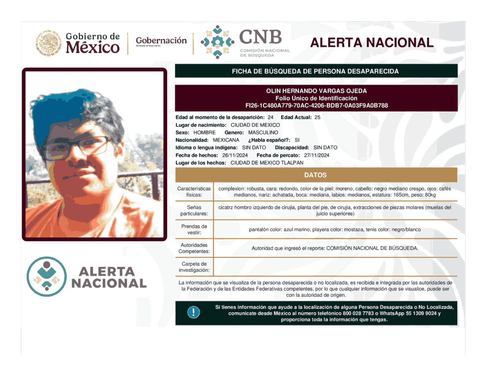 Persona desaparecida Olin Hernando Vargas Ojeda