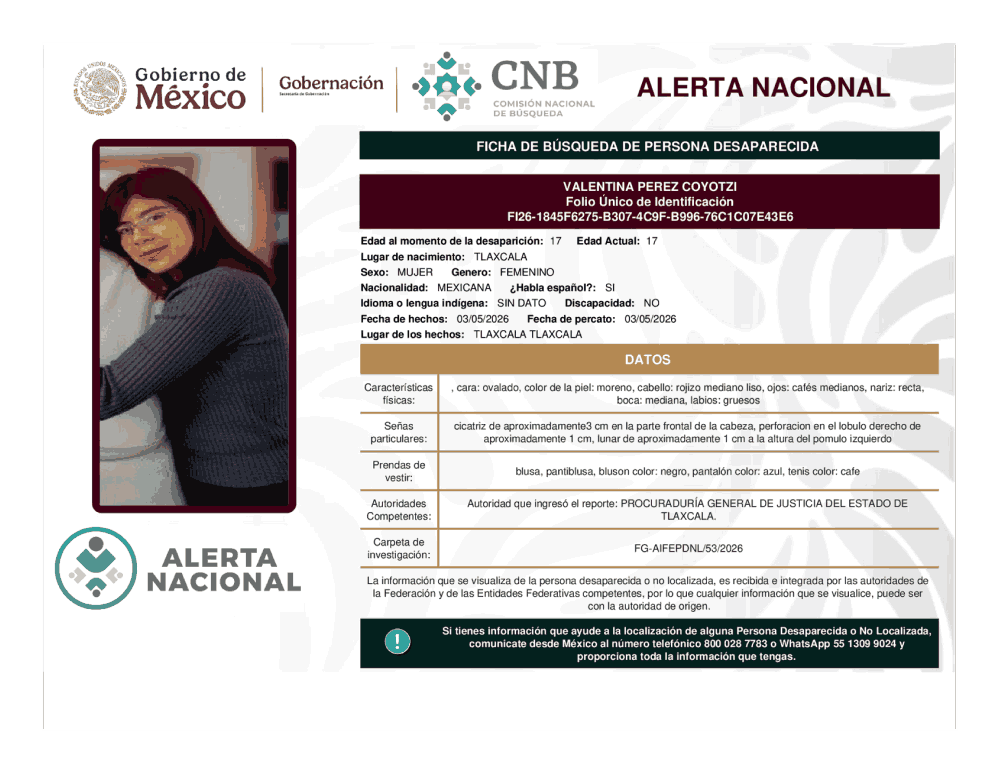 Persona desaparecida Valentina Pérez Coyotzi