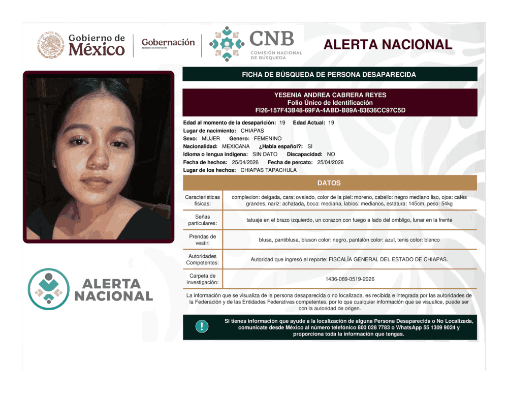 Persona desaparecida Yesenia Andrea Cabrera Reyes