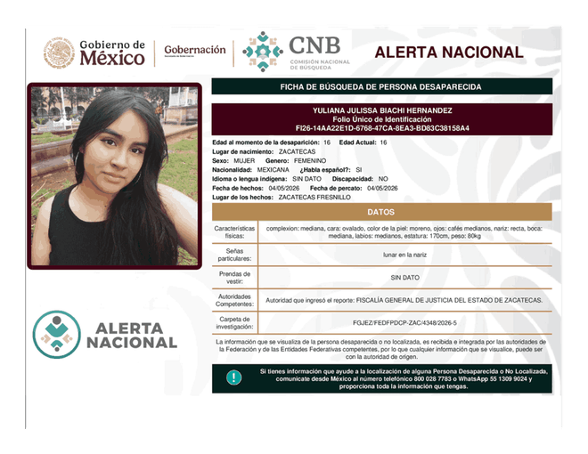 Persona desaparecida Yuliana Julissa Biachi Hernández