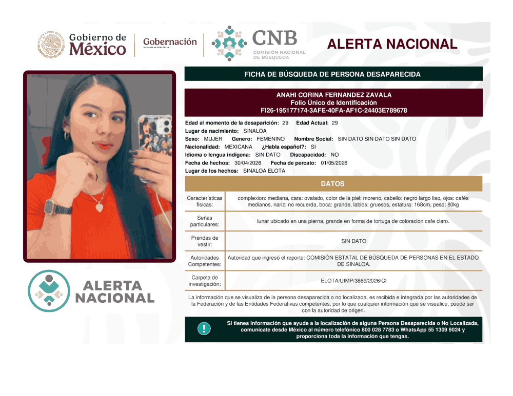 Persona desaparecida Anahi Corina Fernández Zavala