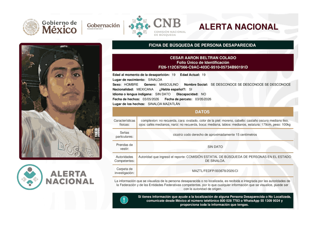 Persona desaparecida César Aaron Beltran Colado