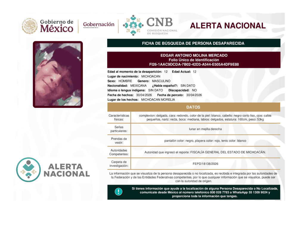 Persona desaparecida Edgar Antonio Molina Mercado