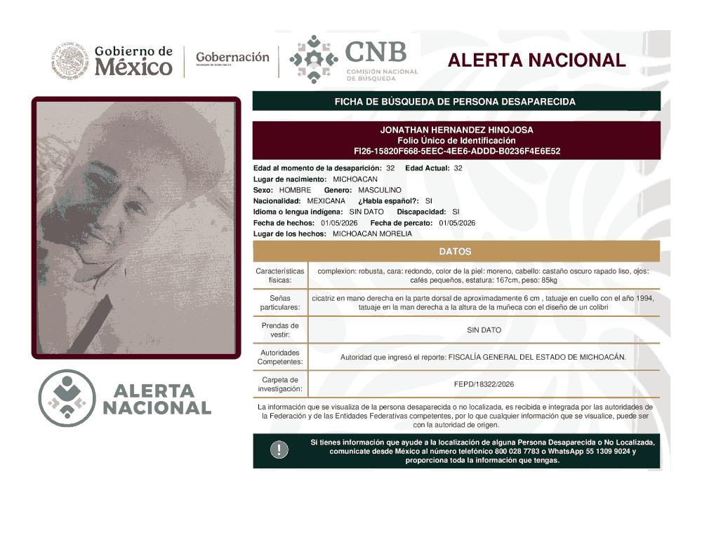 Persona desaparecida Jonathan Hernández Hinojosa
