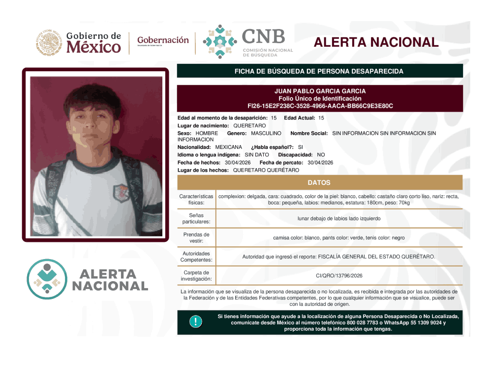 Persona desaparecida Juan Pablo García García