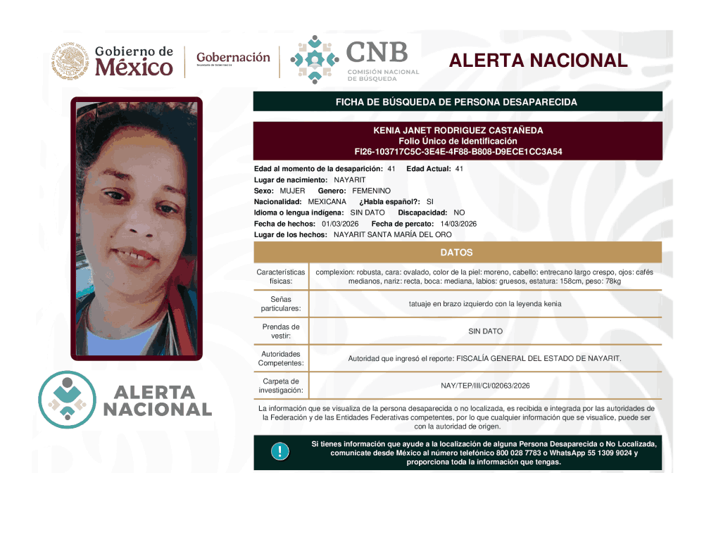 Persona desaparecida Kenia Janet Rodríguez Castaneda
