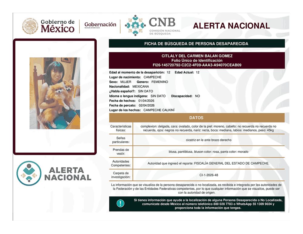 Persona desaparecida Citlaly del Carmen Balan Gómez