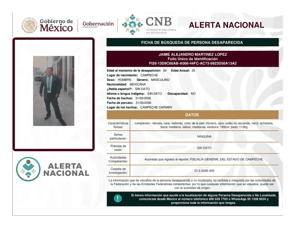 Persona desaparecida Jaime Alejandro Martínez López