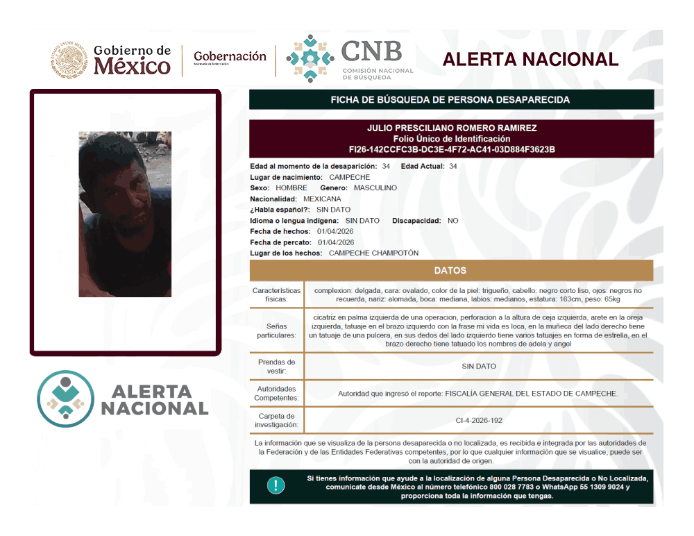 Persona desaparecida Julio Presciliano Romero Ramírez