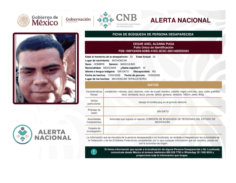Persona desaparecida César Axel Aldana Puga