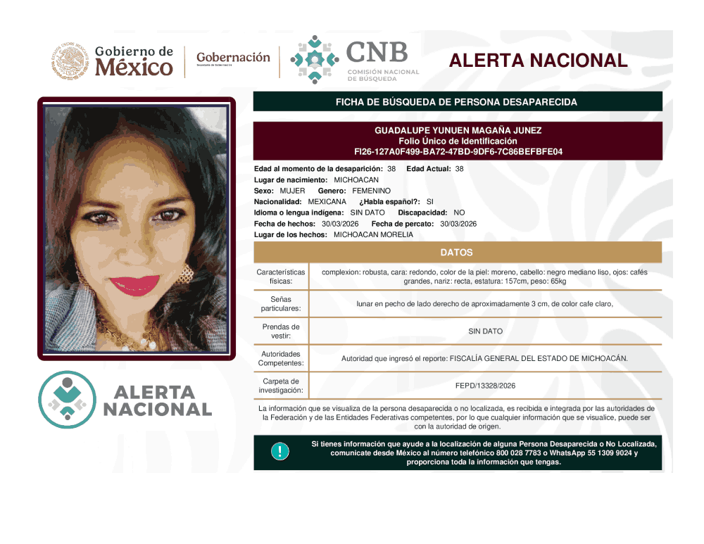 Persona desaparecida Guadalupe Yunuen Magana Junez