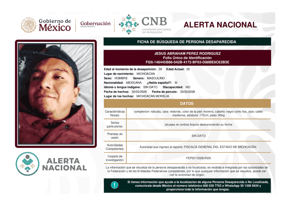 Persona desaparecida Jesús Abraham Pérez Rodríguez