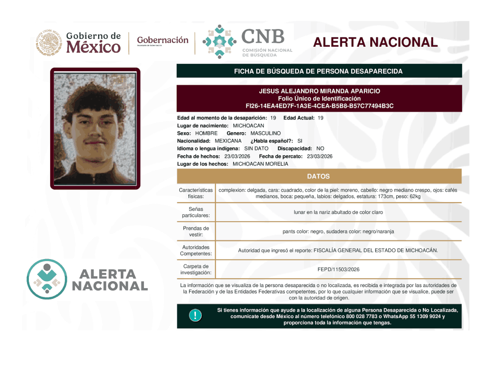 Persona desaparecida Jesús Alejandro Miranda Aparicio