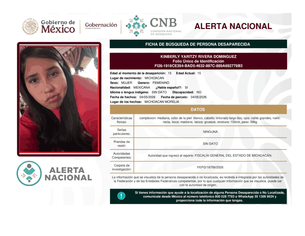 Persona desaparecida Kinberly Yaritzy Rivera Domínguez