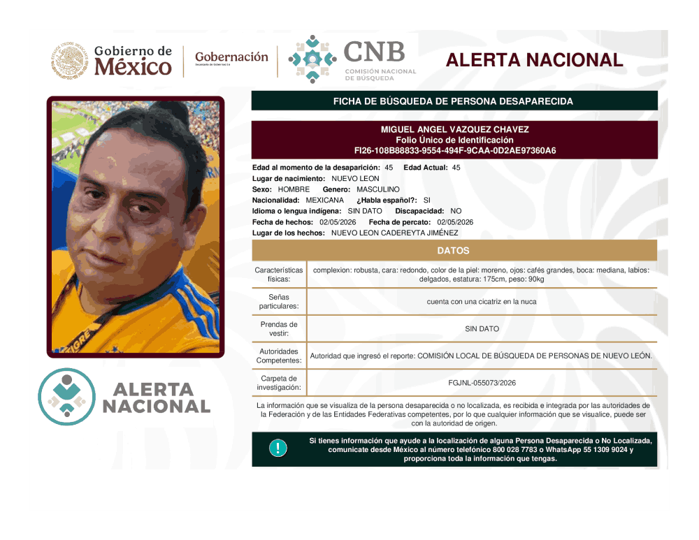 Persona desaparecida Miguel Ángel Vázquez Chávez
