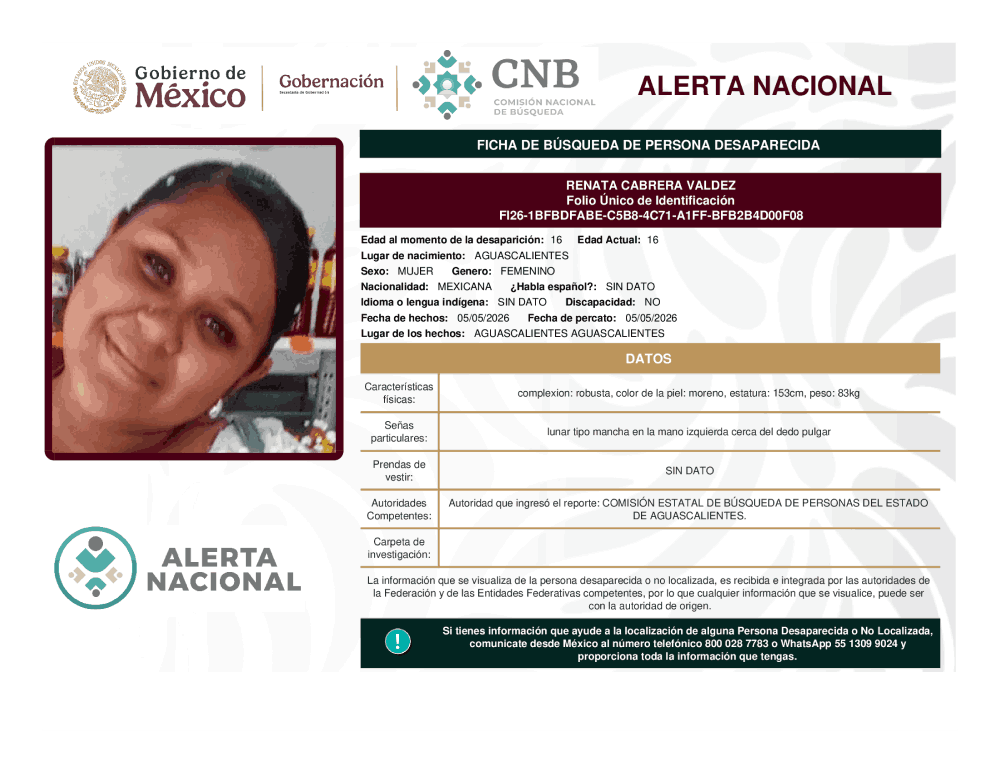 Persona desaparecida Renata Cabrera Valdez