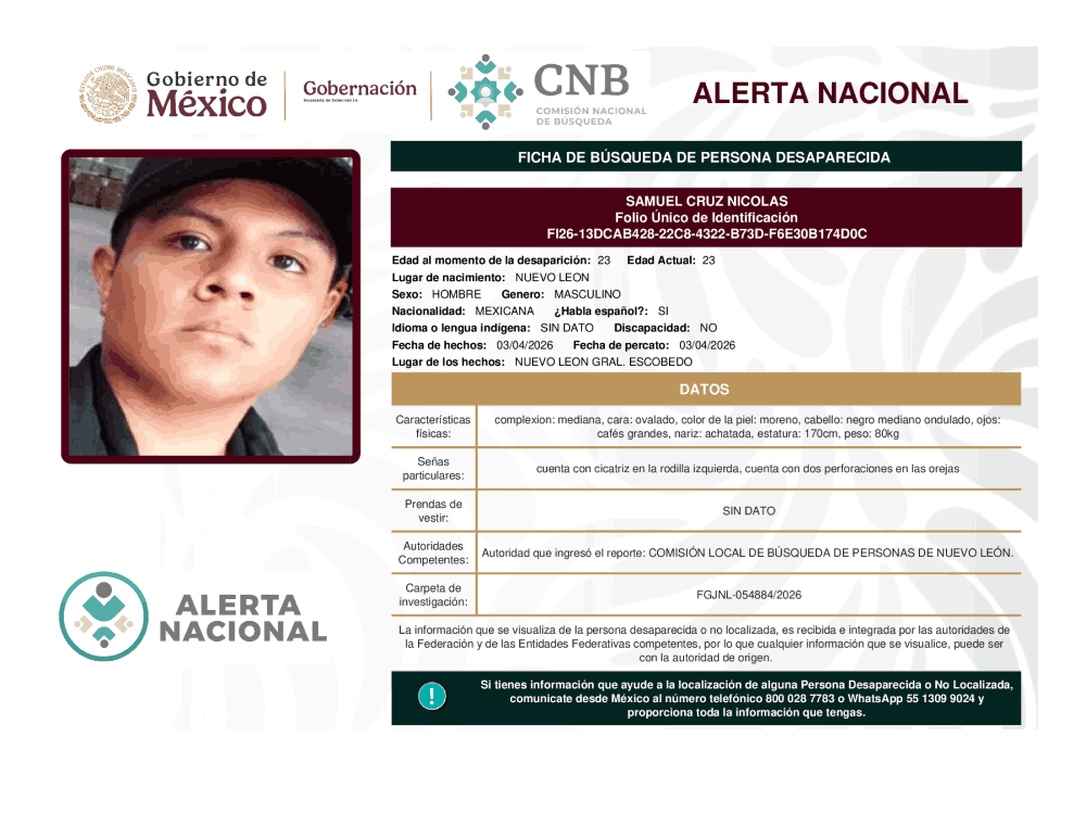 Persona desaparecida Samuel Cruz Nicolas