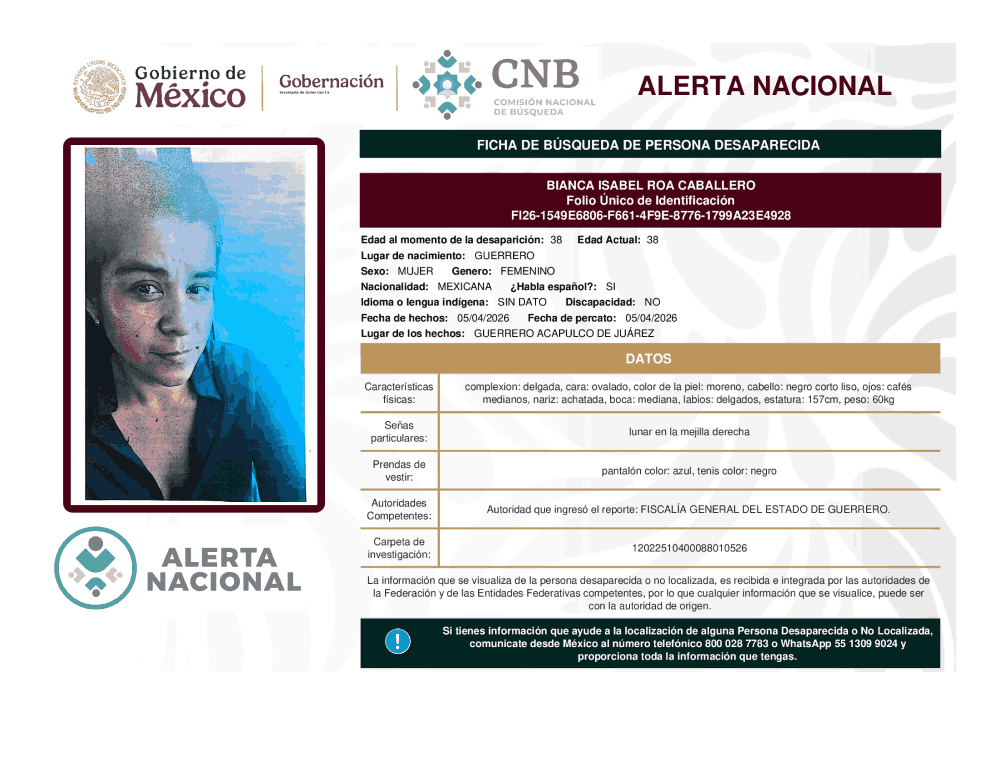 Persona desaparecida Bianca Isabel Roa Caballero