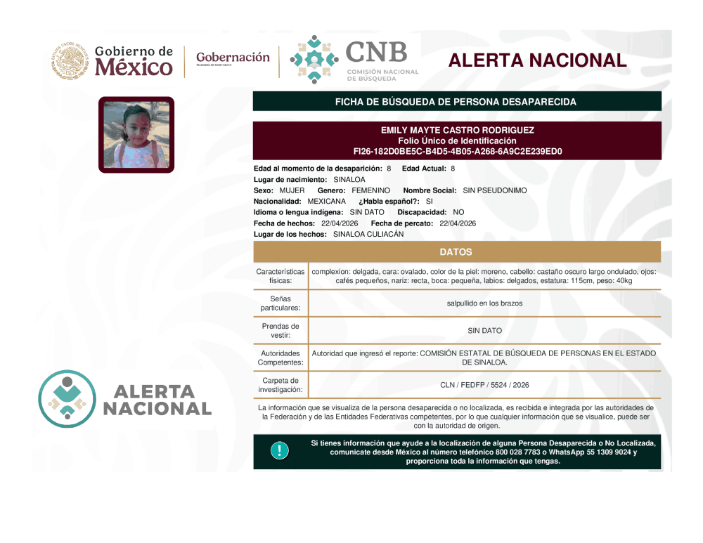Persona desaparecida Emily Mayte Castro Rodriguez