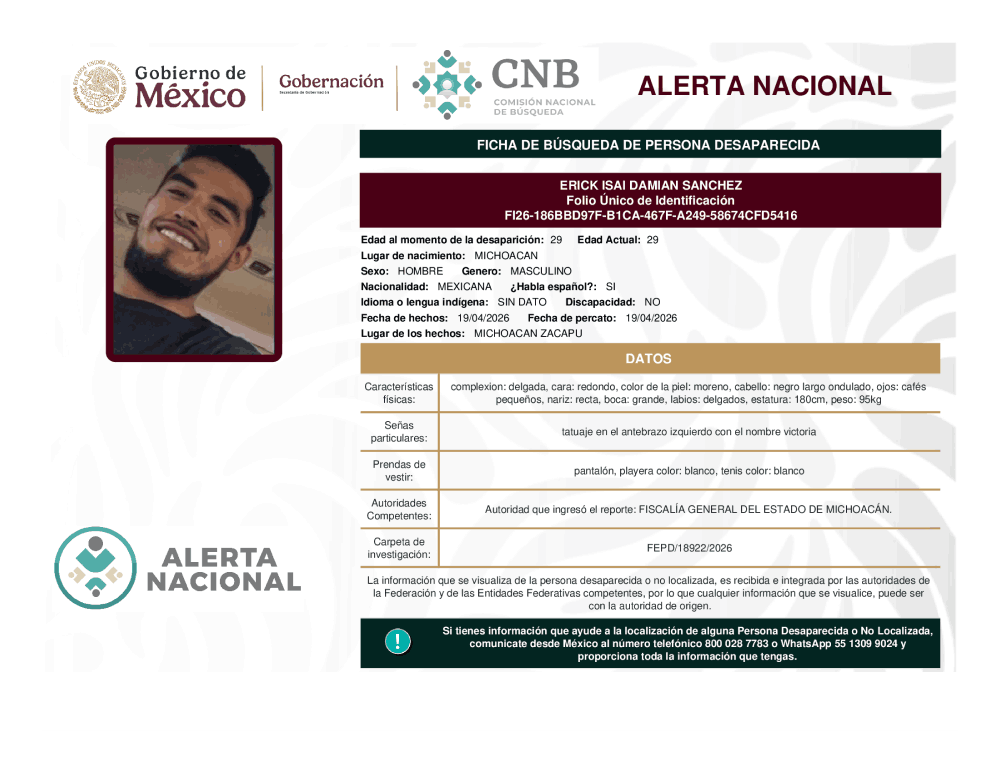 Persona desaparecida Erick Isai Damian Sánchez
