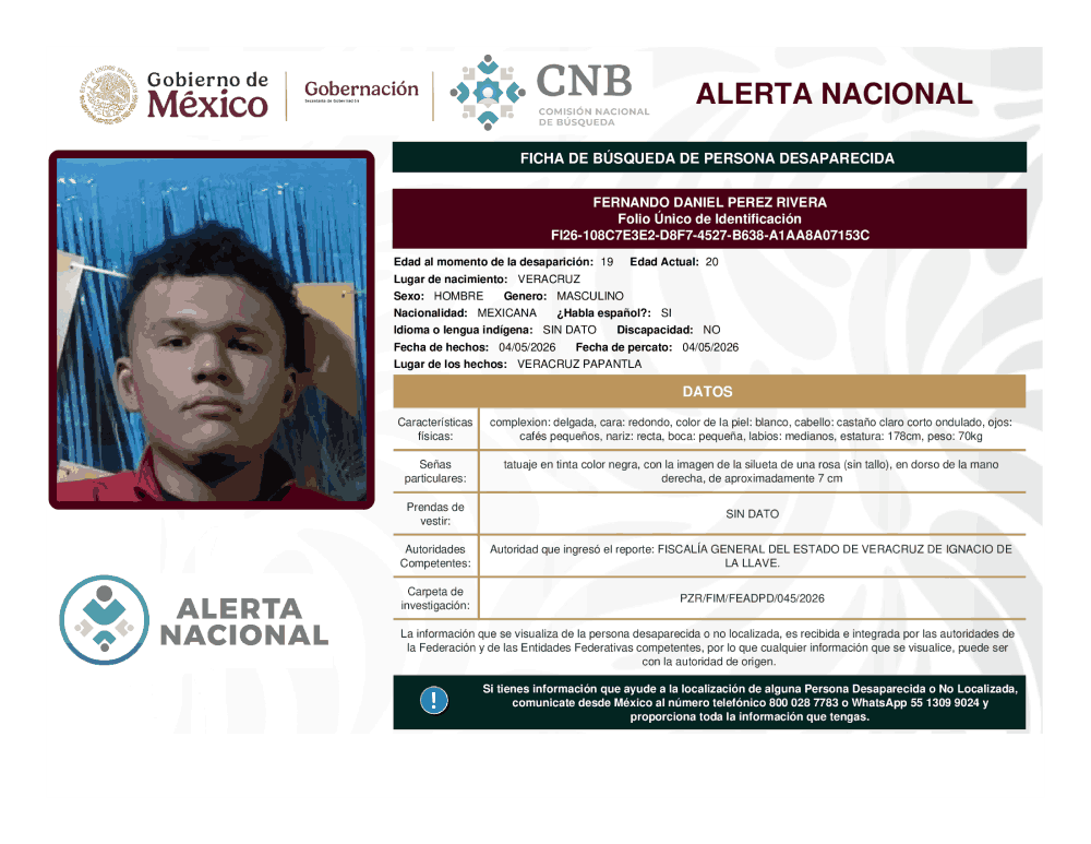 Persona desaparecida Fernando Daniel Pérez Rivera