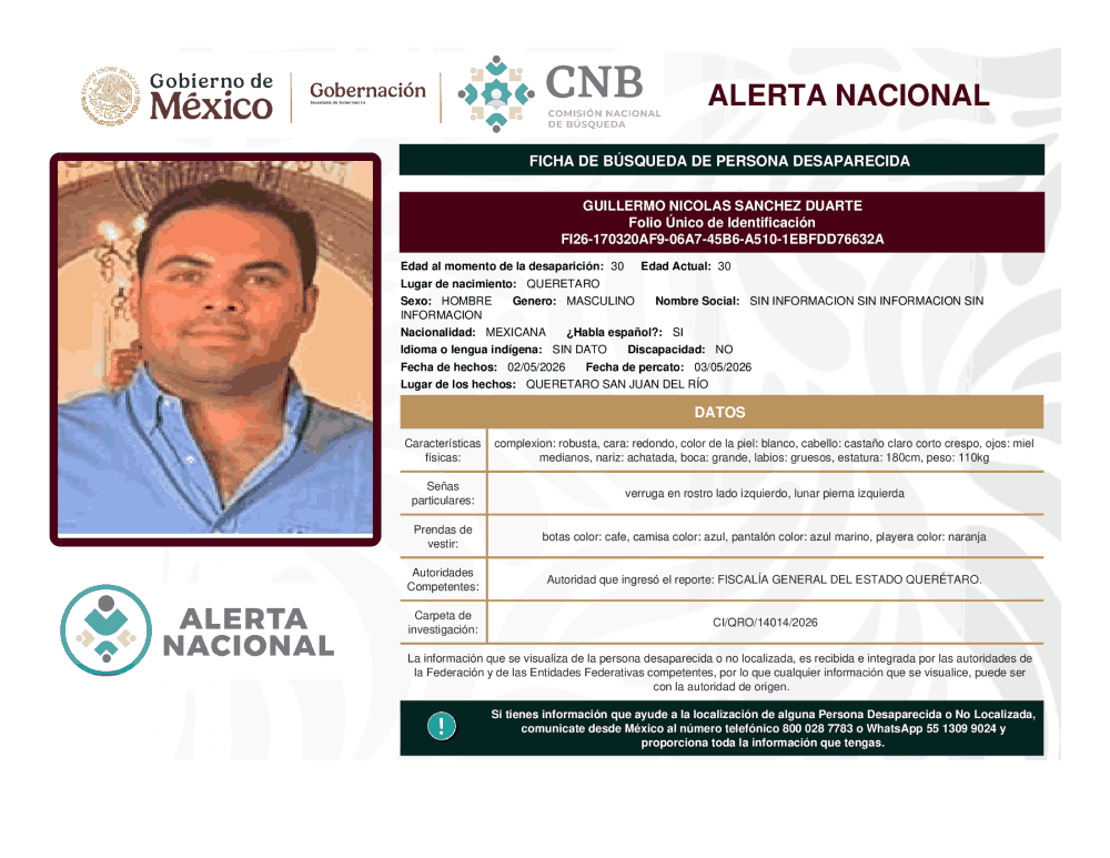 Persona desaparecida Guillermo Nicolas Sánchez Duarte