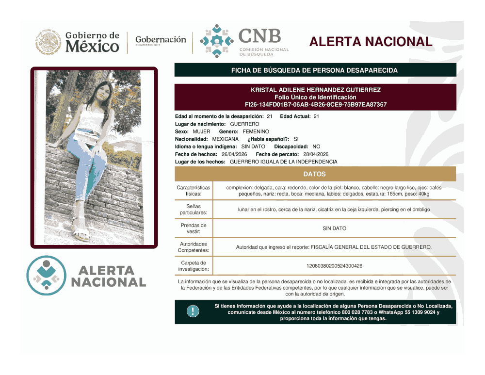 Persona desaparecida Kristal Adilene Hernández Gutiérrez