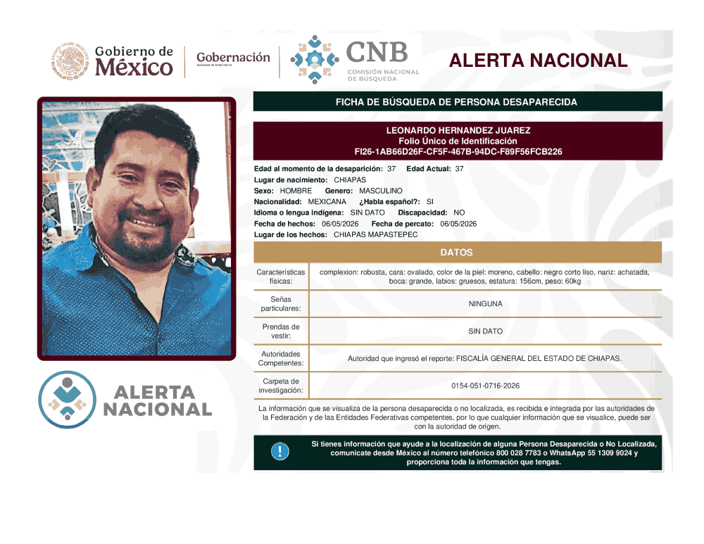 Persona desaparecida Leonardo Hernández Juárez