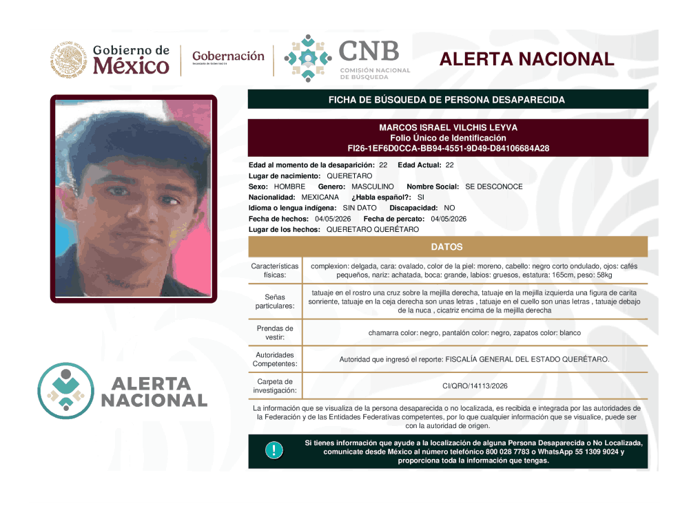 Persona desaparecida Marcos Israel Vilchis Leyva