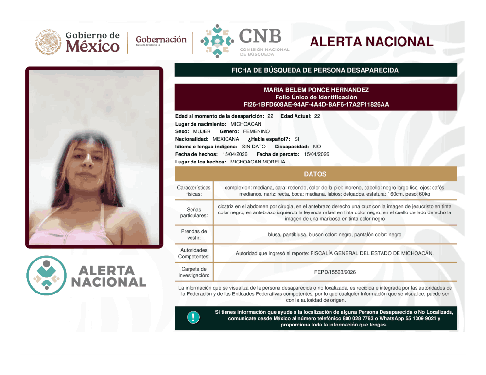 Persona desaparecida María Belem Ponce Hernández