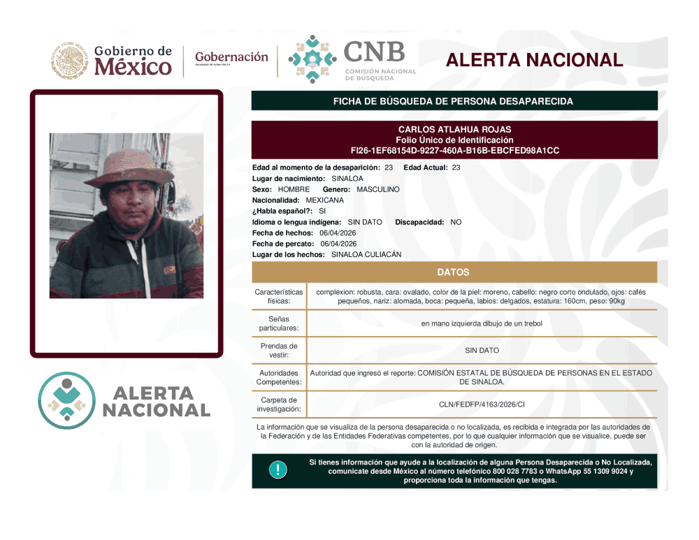 Persona desaparecida Carlos Atlahua Rojas
