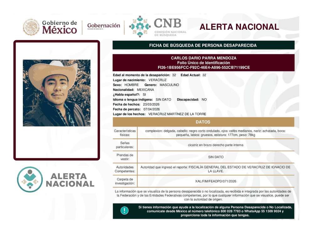 Persona desaparecida Carlos Dario Parra Méndoza