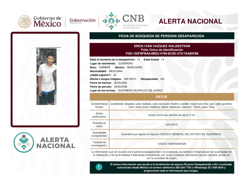 Persona desaparecida Erick Ivan Vázquez Waldestran