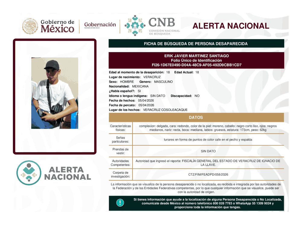 Persona desaparecida Erik Javier Martínez Santiago