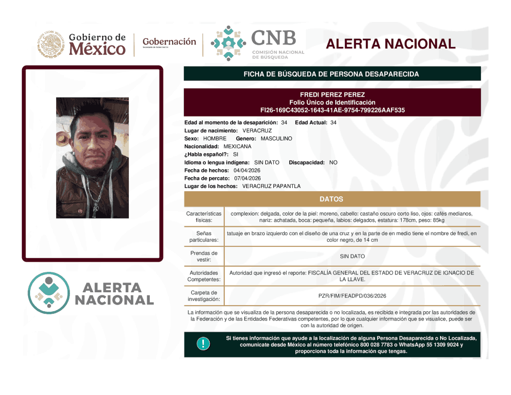 Persona desaparecida Fredi Pérez Pérez