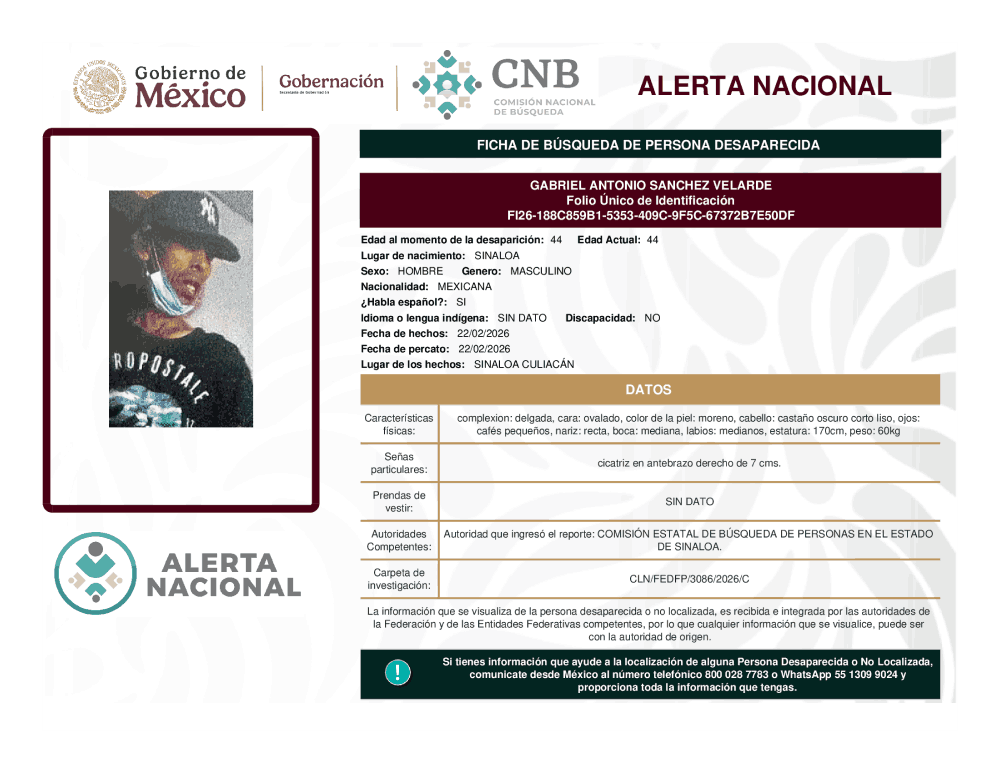 Persona desaparecida Gabriel Antonio Sánchez Velarde