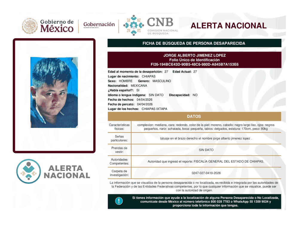 Persona desaparecida Jorge Alberto Jiménez López