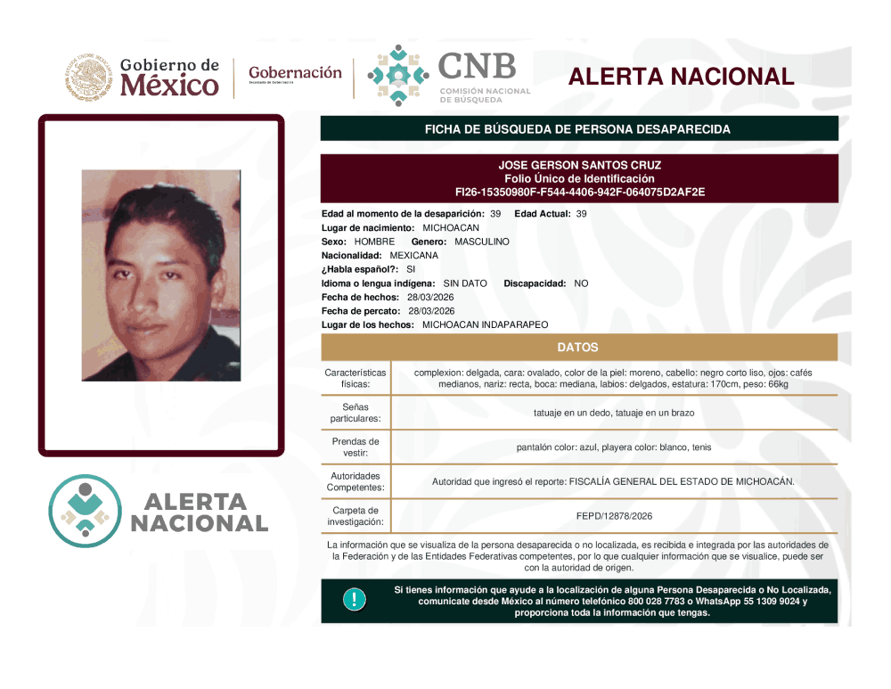 Persona desaparecida José Gerson Santos Cruz