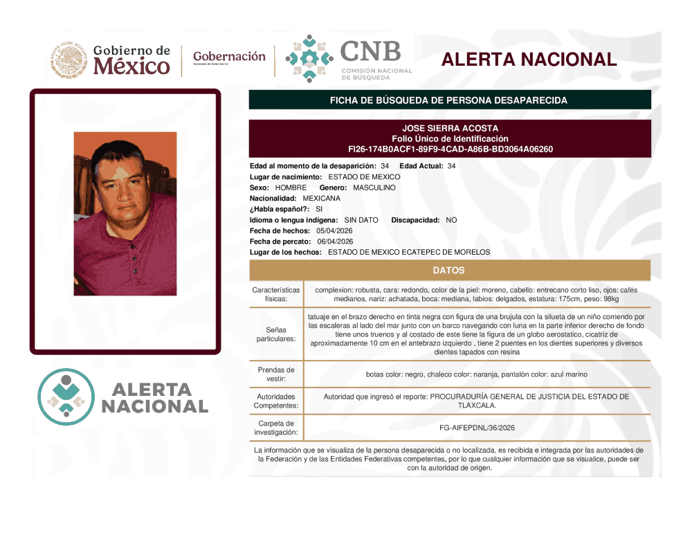Persona desaparecida José Sierra Acosta