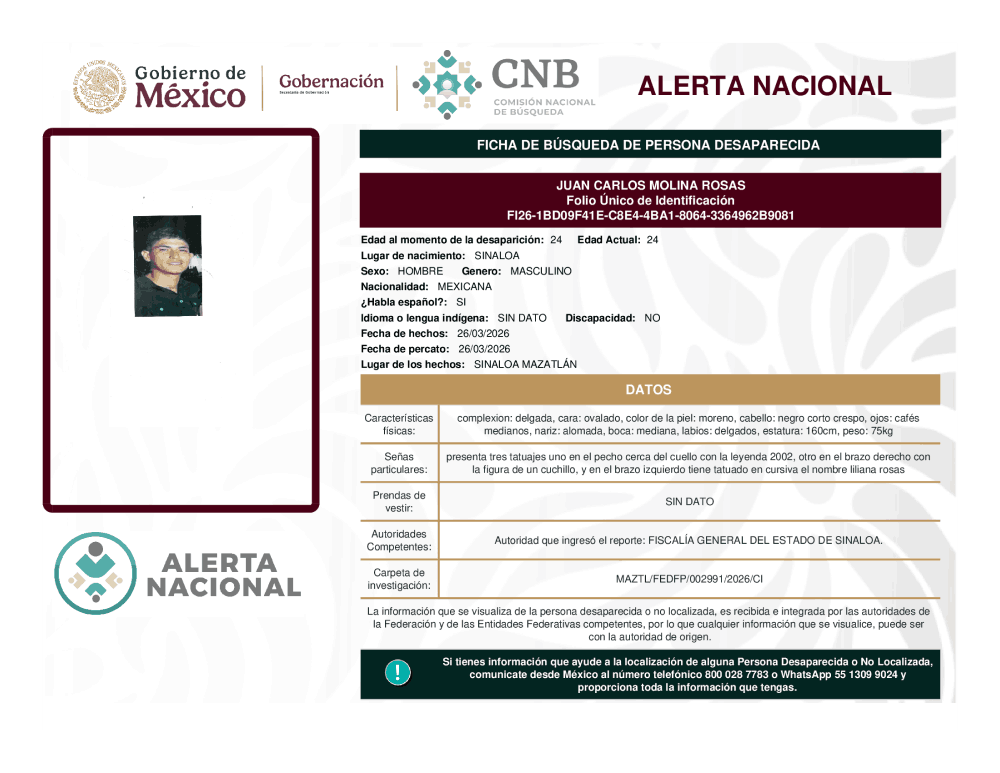 Persona desaparecida Juan Carlos Molina Rosas