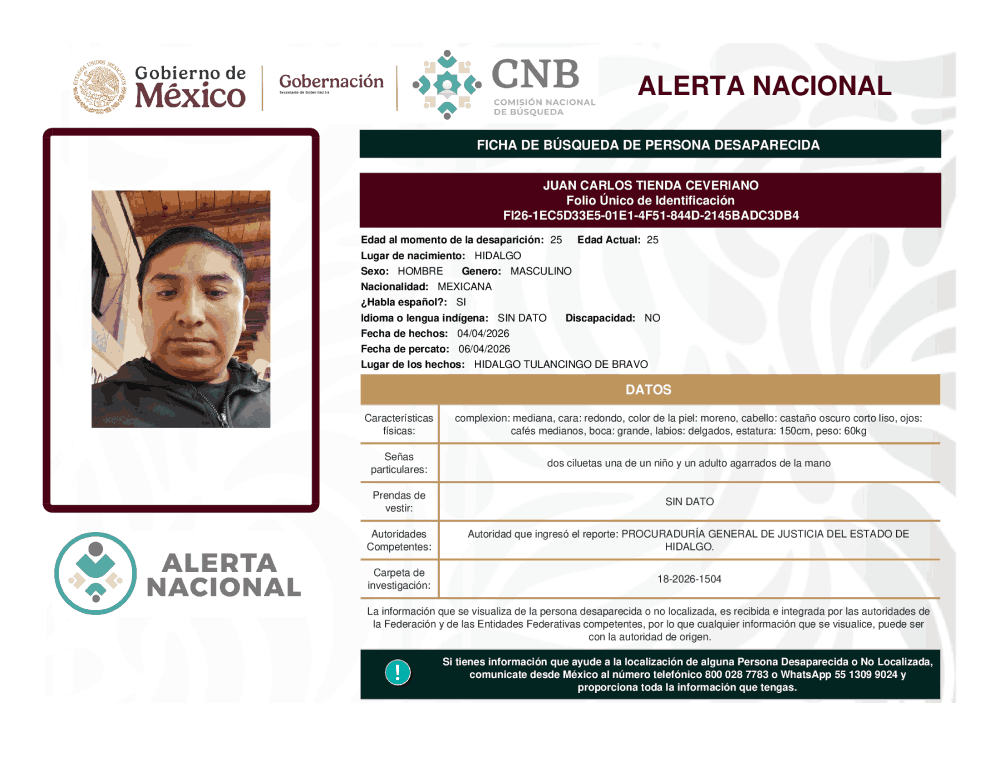 Persona desaparecida Juan Carlos Tienda Ceveriano