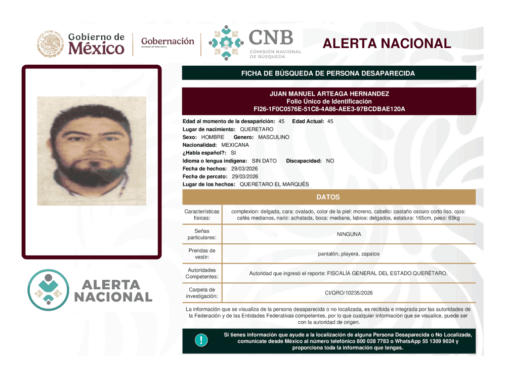 Persona desaparecida Juan Manuel Arteaga Hernández